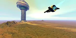 Approaching: A spacecraft nears a spaceport on another planet