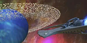 Approaching: A spacecraft passes by a blue planet with a ring of ?