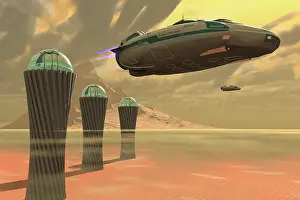 Spaceport: Two spacecraft takeoff from a colony on a desert planet