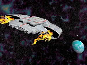 Propulsion: Spaceship with afterburners engaged as it approaches planet