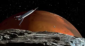 Martian: A spaceship in orbit over Mars moon, Phobos, with the red ?