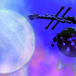 Approaching: A spaceship passes a moon and orbiting asteroids near a ?