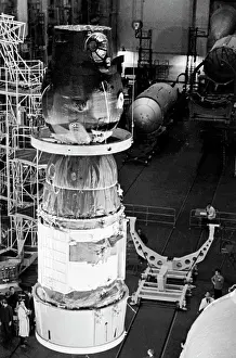 Checkout: Spaceship Soyuz-9 in operations and checkout building, 1970
