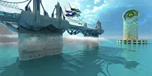 Runway: A spaceship takes off from a skyway on an alien planet
