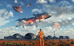 Humanoid: Spaceships landing at a futuristic human base