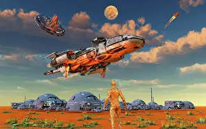 Humanoid: Spaceships landing at a futuristic human base