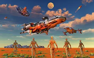Humanoid: Spaceships landing at a futuristic human base