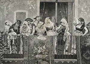 Mantilla: Spain (1884). Awaiting the procession, engraving
