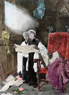 Americana: Spain. Altar server singing. Essay. Engraving, 1886. Colored