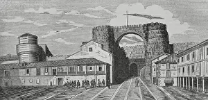 Puerta: Spain, Avila. Gate of St Vincent. Engraving, 19th century