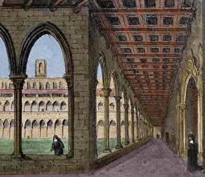 Nuns: Spain. Barcelona. Monastery of Pedralbes. Cloister. Drawing