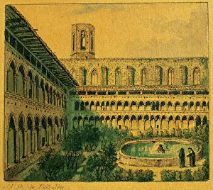 Nuns: Spain. Barcelona. Monastery of Pedralbes. Cloister. Drawing