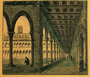 Nuns: Spain. Barcelona. Monastery of Pedralbes. Cloister. Drawing