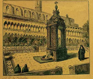 Convent: Spain. Barcelona. Monastery of Pedralbes. Cloister. Drawing