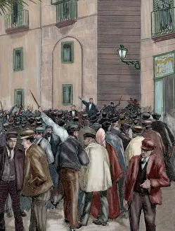 Captaincy: Spain. Barcelona. Working demonstration. Engraving. Colored