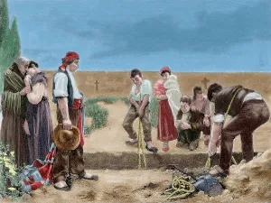 Sadness: Spain. Burial. Engraving. Colored