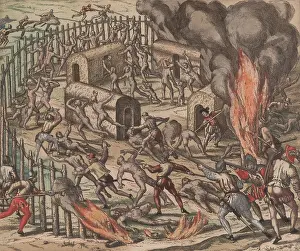 Unarmed: Spaniards attack a native American settlement