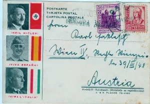 Blitzkrieg: Spanish propaganda showing Hitler, Franco & Mussolini