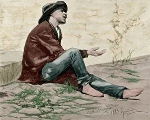 Ilustracion: Spanish society. Beggar. Granada. Andalusia. Engraving, 1884