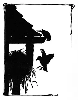 Eaves: Two sparrows and their nest