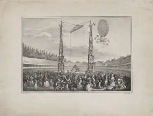 Balloonists: Spectators in an arena viewing the ascension of a balloon dr