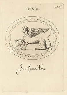 Chimera: Sphinx with one paw on a sun wheel