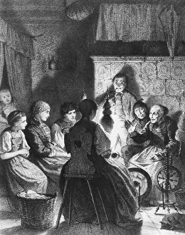 Told: Spinning room, spinning wheel around 1890