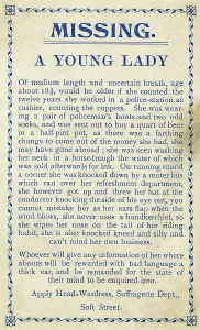 Parody: Spoof missing notice, anti-suffrage satire