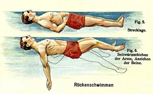 Backstroke: sports, swimming, backstroke, instruction, lithograph