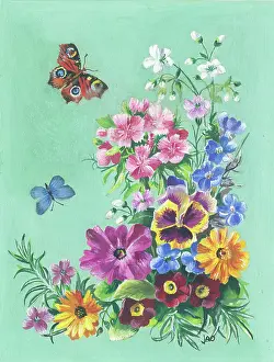 Marigolds: Spray of flowers with two butterflies