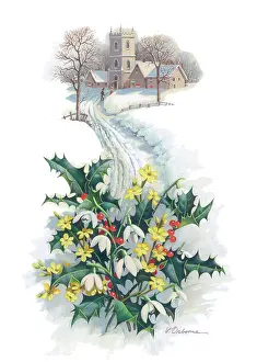 Jessamine: Spray of holly, snowdrops and jessamine
