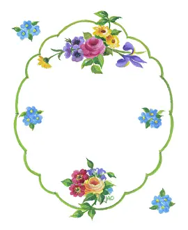 Marigolds: Sprays of roses, marigolds, etc in a green oval