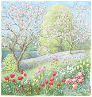 Bluebells: Spring Landscape with flowers and trees