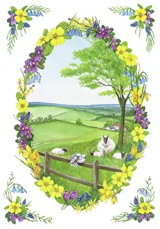 Crocuses: Spring landscape with sheep, in oval of flowers