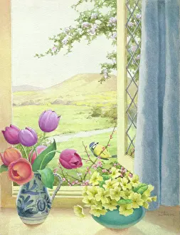 Sill: Spring Morn - tulips & primroses on window sill