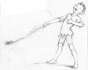 Sprite: A sprite with a long peacock feather laughing