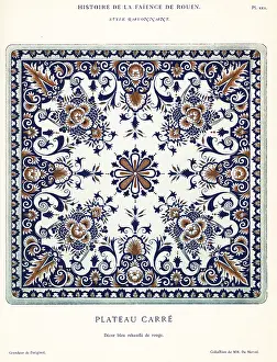 Auguste Le Brument: Square platter in blue and red, festoon style, Rouen