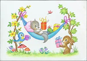 Hammock: Squirrel in hammock with birthday presents