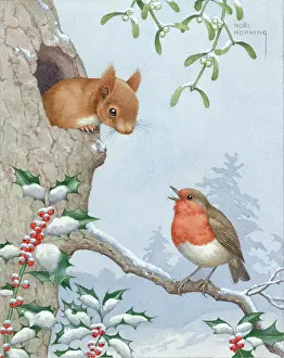 Hopking: Squirrel looking at robin, with holly & mistletoe