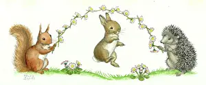 Skipping: Squirrel, rabbit and hedgehog with daisy chain