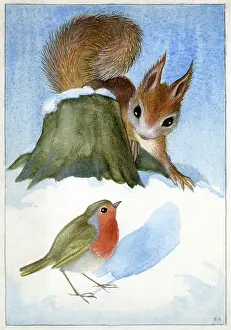 Heda: Squirrel and robin in the snow