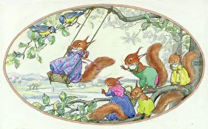 Whimsical: Squirrels playing on a swing