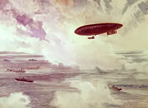 Blimp: SSZ 63 airship with ships below, WW1