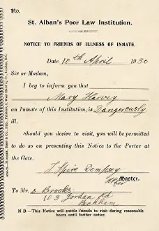 Additions: St Albans Poor Law Institution, Notice of Illness of Inmate