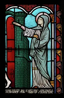 Gerente: St Genevieve stained glass window, Cloister, Cathedrale