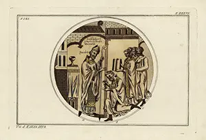 Roundel: St. Guthlac is ordained by Bishop Headda of Lichfield