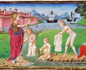 Baptism: St. John the Baptist baptizing in the Jordan River. Codex of