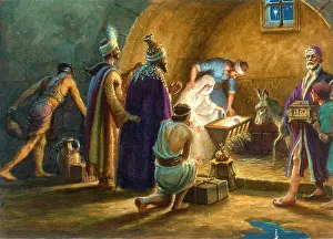 Syers: Stable scene with Kings presenting gifts
