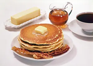 Pancakes: Stack of Pancakes Bacon Stick of Butter Cup of