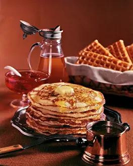 Pancakes: Stack of Pancakes Melting Butter Pitcher Maple Syrup
